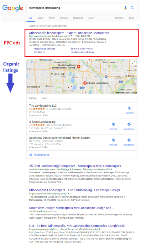 google results featuring organic and ppc landscaper results