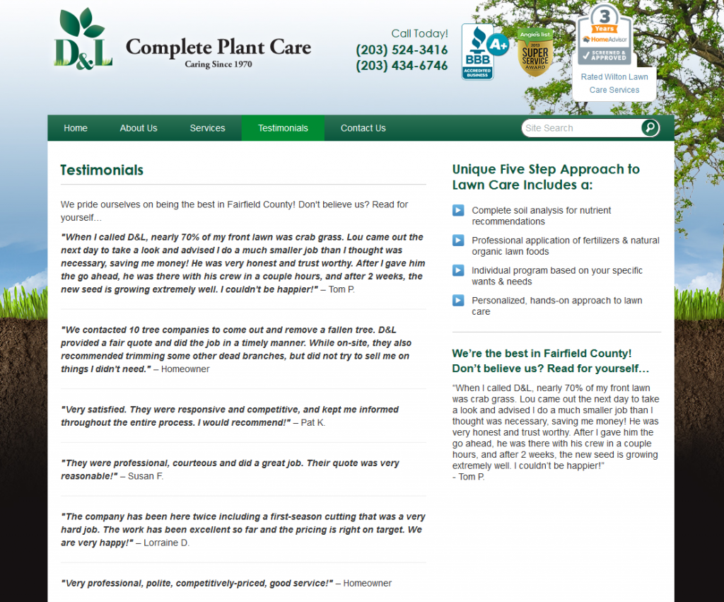 landscaping website testimonials examples