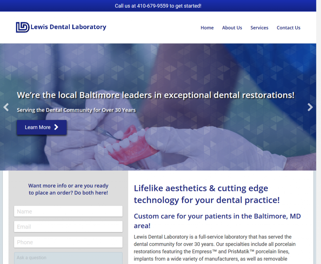 screenshot of Lewis Dental Lab's website