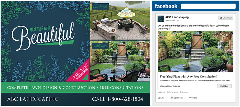 example of landscaping postcard and facebook ad
