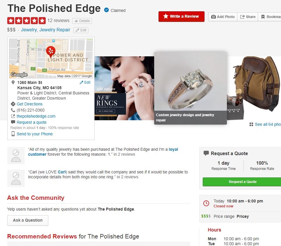 jewelry store listing on yelp