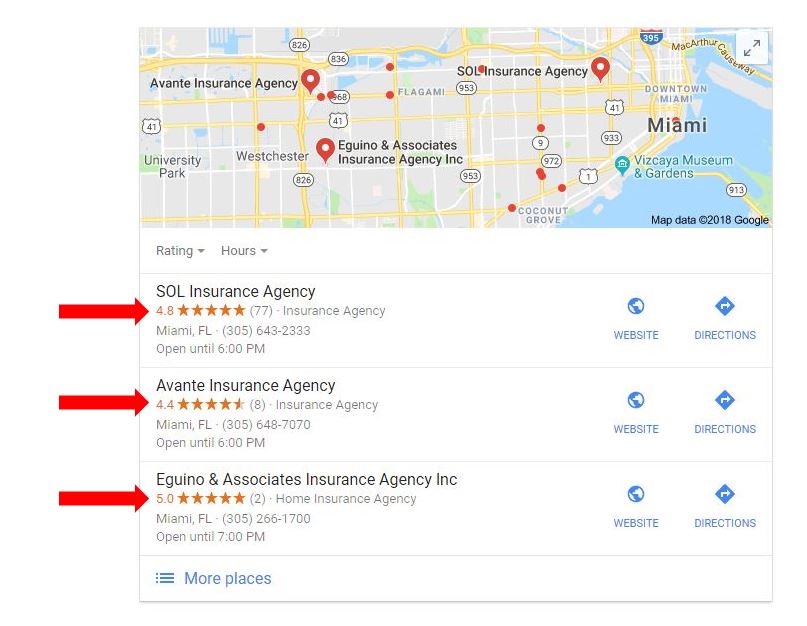 google ratings for several insurance agents in search results
