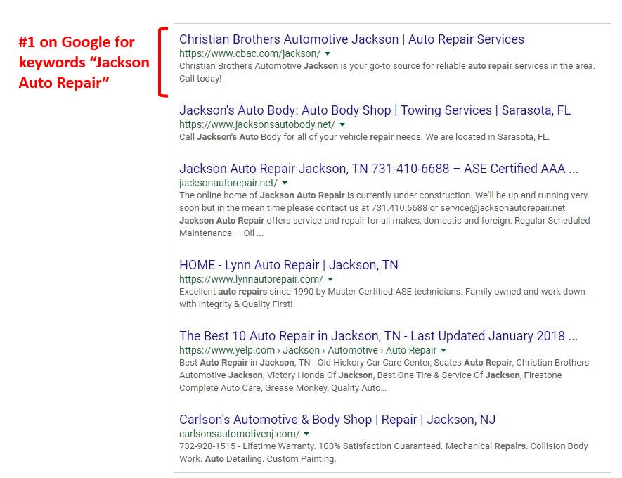 google results showing jackson auto repair at the top