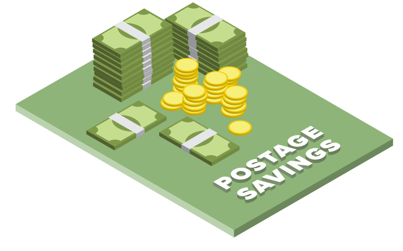 Postage savings - stacks of banknotes and coins