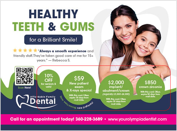 Example postcard with its list of customer benefits highlighted