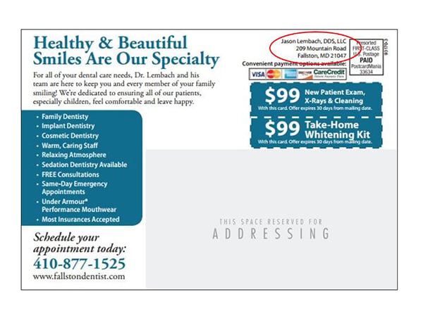 Example postcard with its return address highlighted