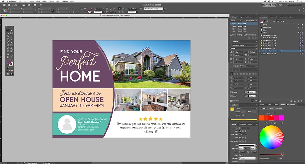 Postcard being designed in Adobe InDesign