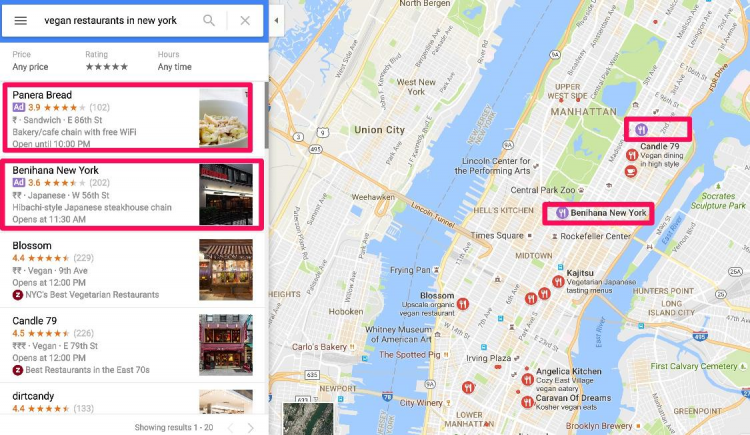 examples of paid ads in google maps results