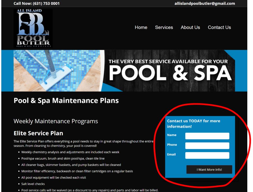 contact form on a pool service website