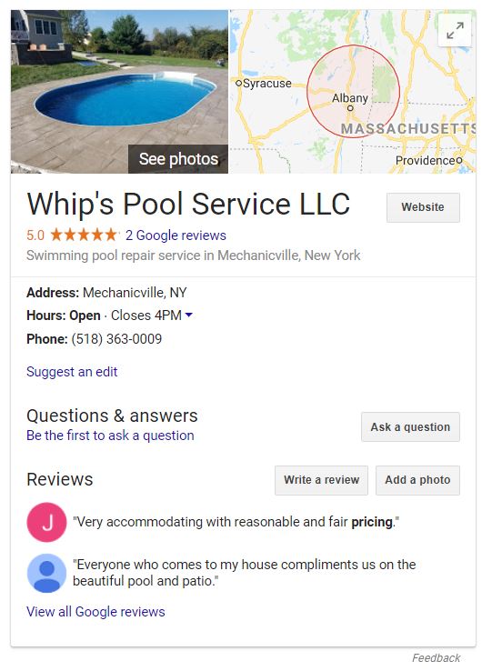 Google listing for a pool service company in New York