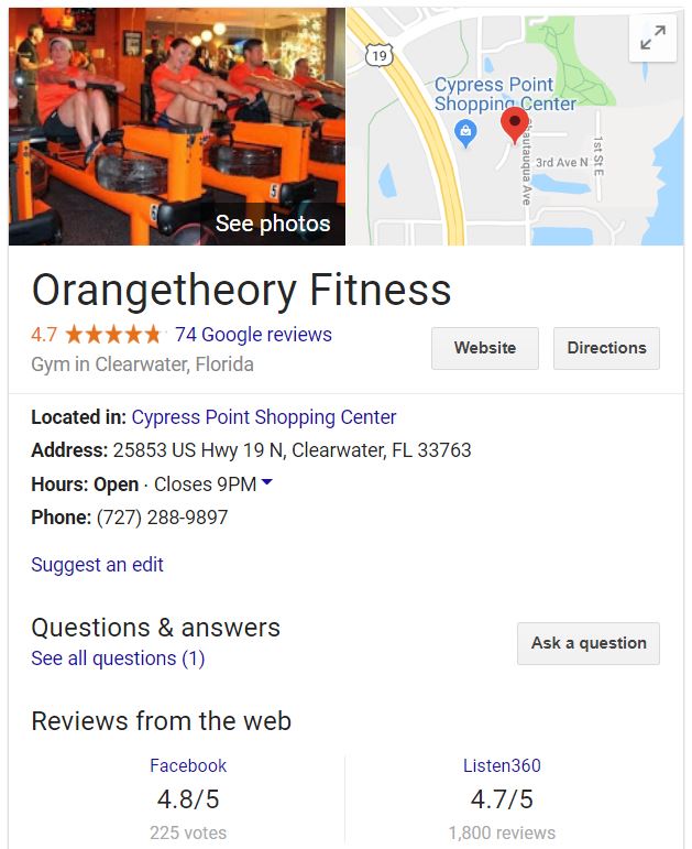 google listing for orangetheory fitness