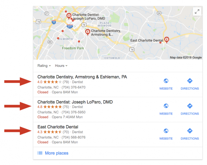 google maps results for dentists