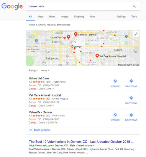 google maps results for denver vets