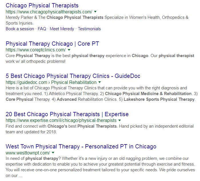 google results for physical therapy in chicago