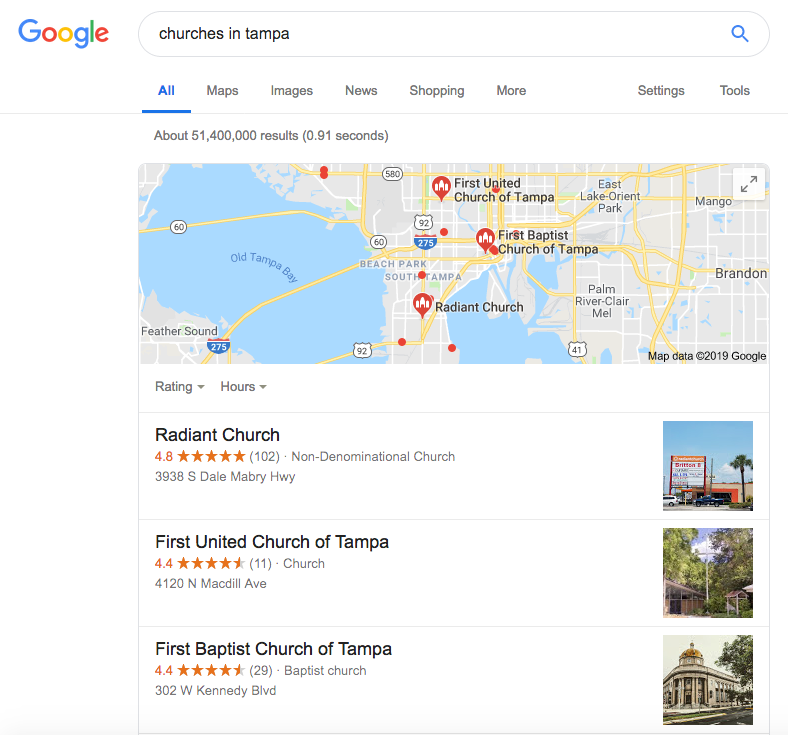 example google search for churches in tampa