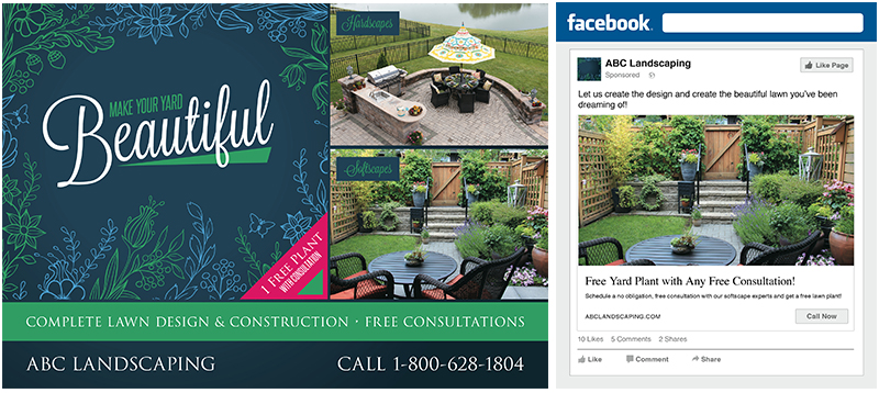 landscaping facebook ad and postcard