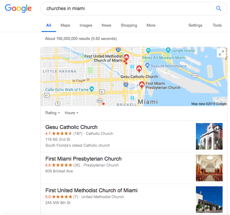 example google search for churches in miami