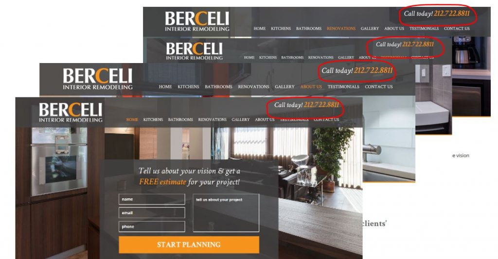 phone number listed on every page of home remodeling website
