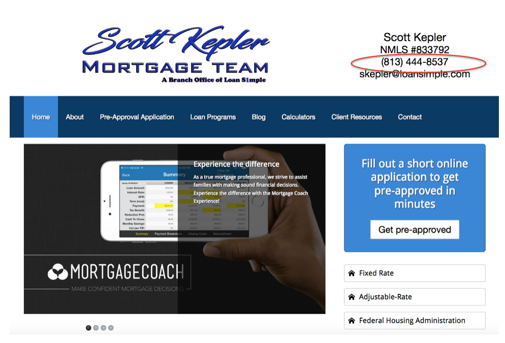 phone number circled on mortgage broker website