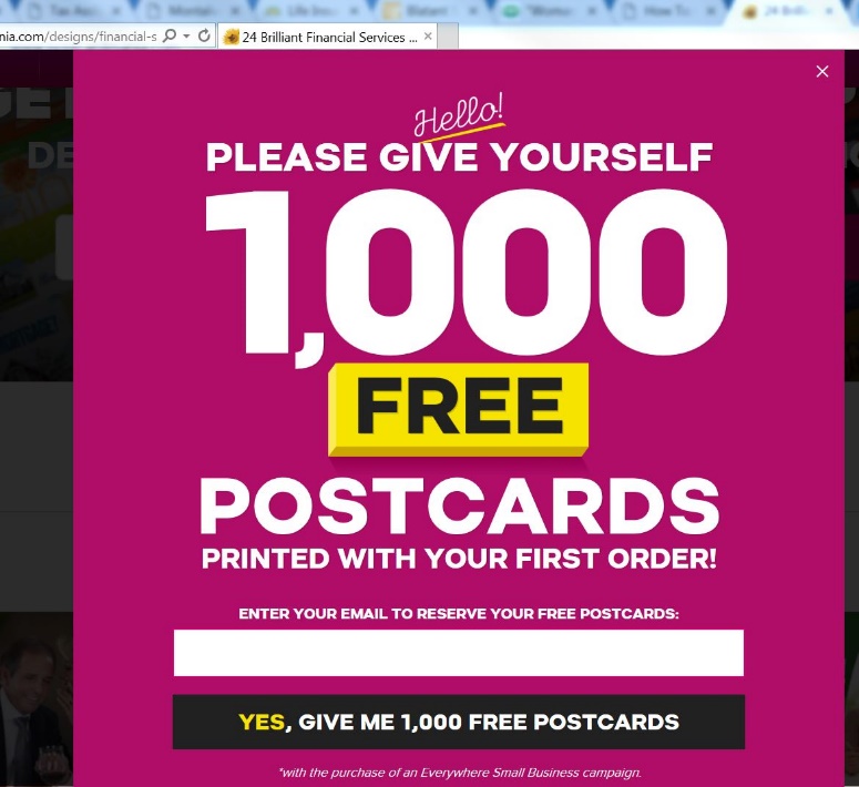 popup on postcardmania's website advertising 1000 free postcards
