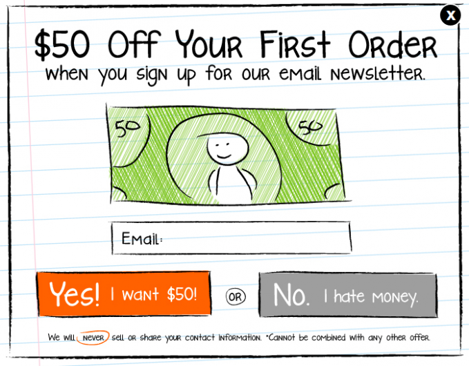 popup offering 50 dollars off marketing