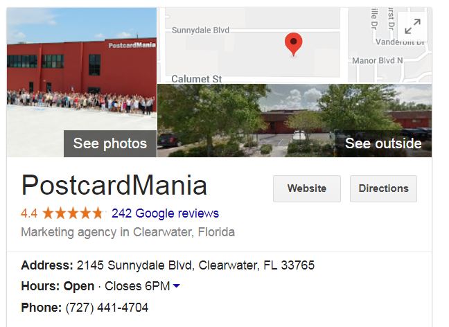 screenshot of PostcardMania's Google rating