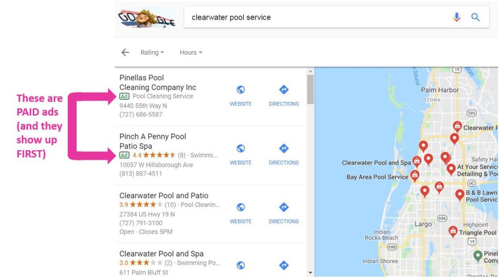 Google Pay Per Click results for clearwater pool service