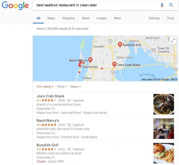google search results for best seafood restaurant in clearwater