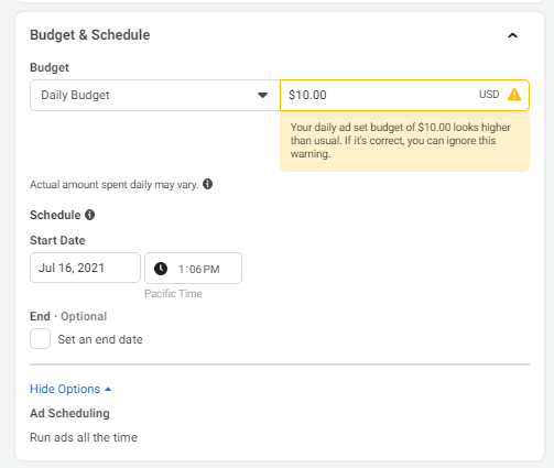 set facebook ad budget