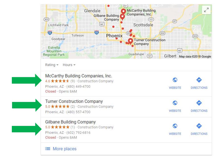 google maps results with star ratings