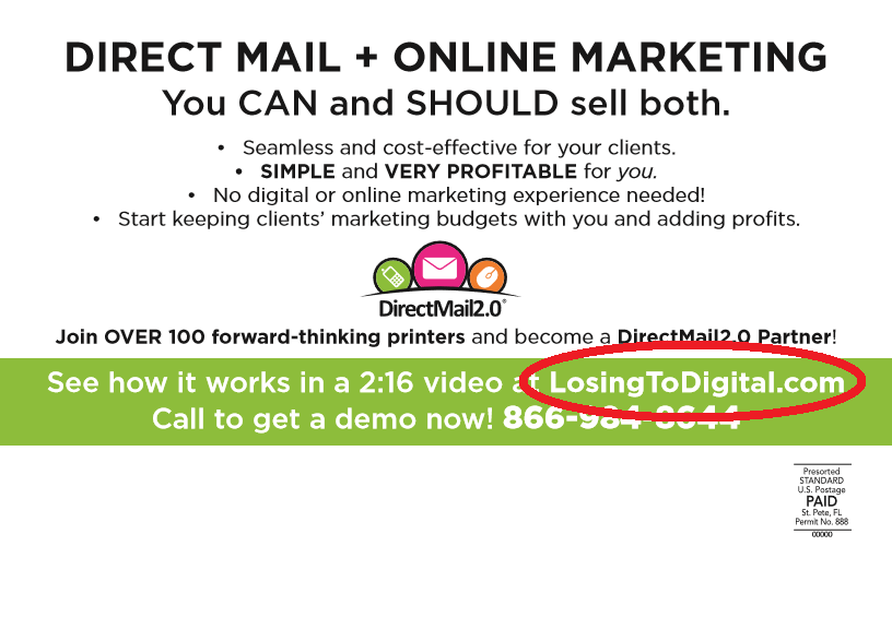 directmail2.0 marketing postcard with vanity url circled