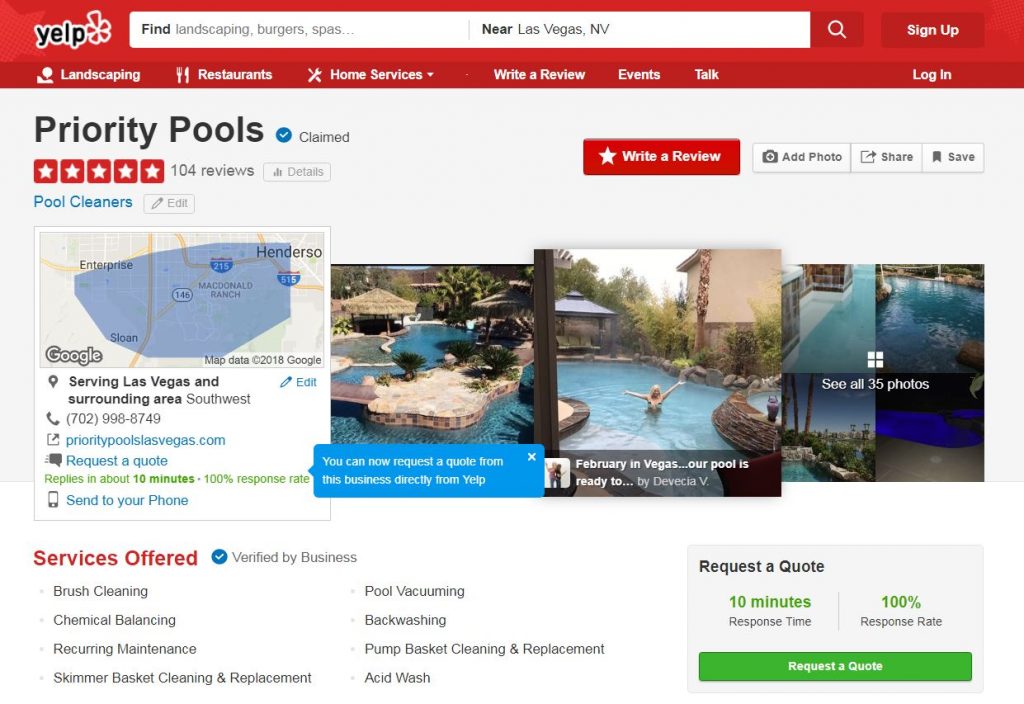 Yelp listing for a pool company