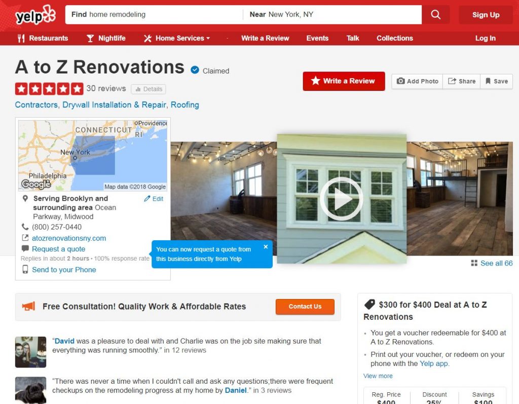 yelp listing for home renovation company