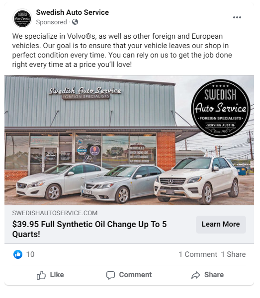 Successful Automotive Repair Facebook Ad
