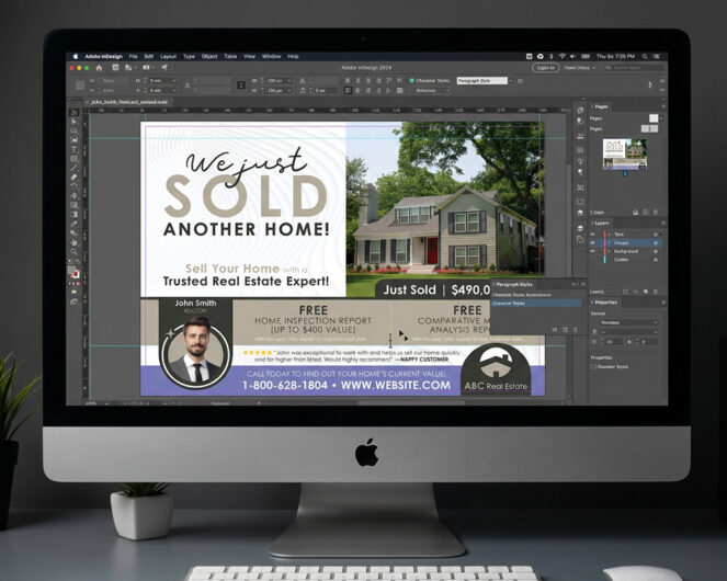 Graphic designer editing a Just Sold postcard design in Adobe InDesign