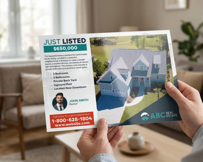 Realtor holding a printed Just Listed postcard mailer