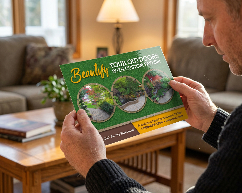 Customer holding a bulk mailing postcard