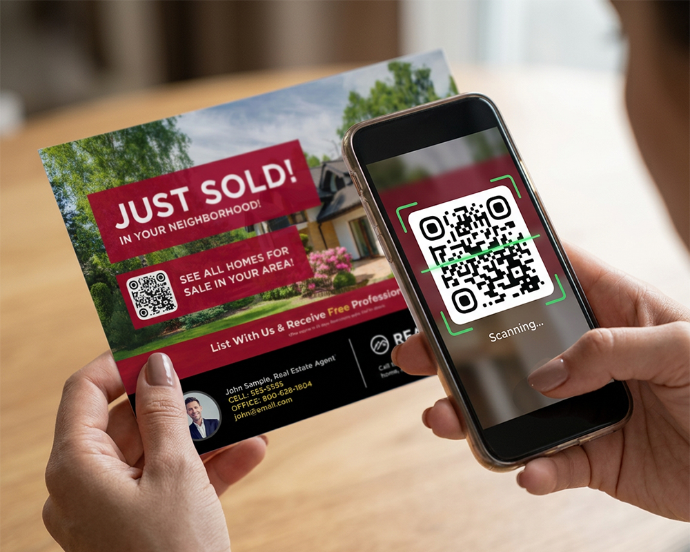QR code postcard being scanned with a mobile phone