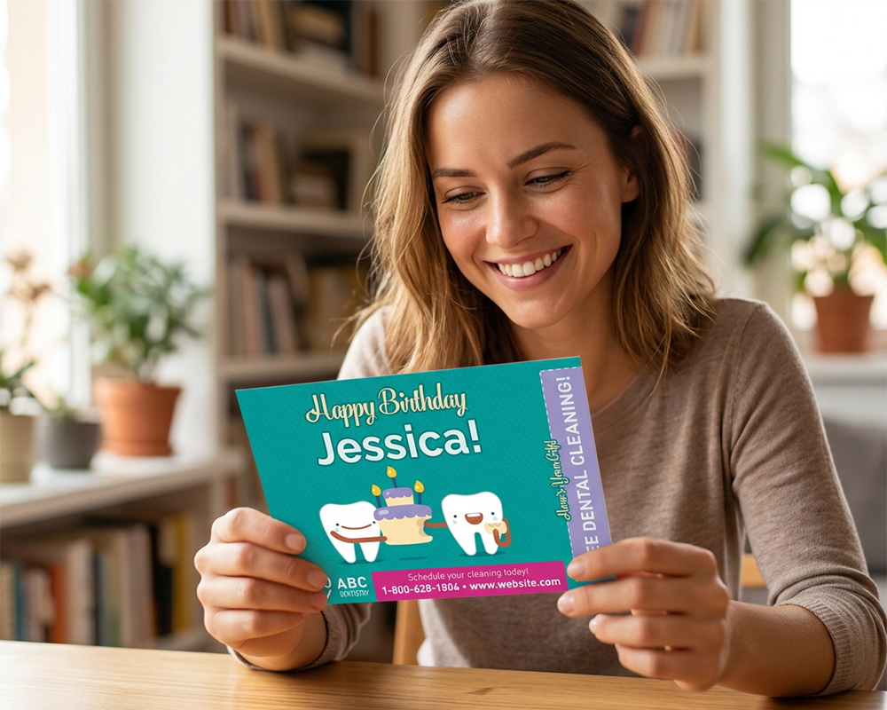 Customer holding a personalized birthday postcard sent automatically