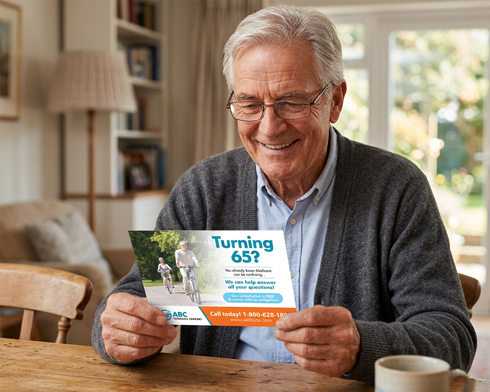 Man holding a Medicare direct marketing postcard