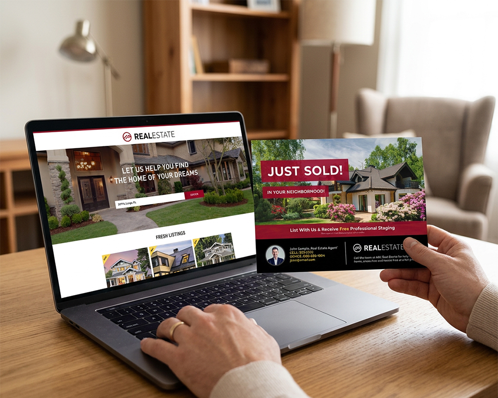Website-to-mailbox prospect follow-up with a matching retargeting postcard
