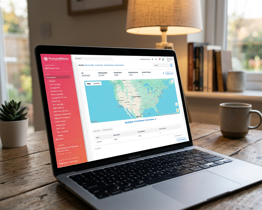 Direct mail campaign tracking dashboard displayed on a laptop