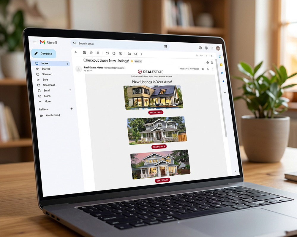 Real estate email marketing example displayed on a laptop