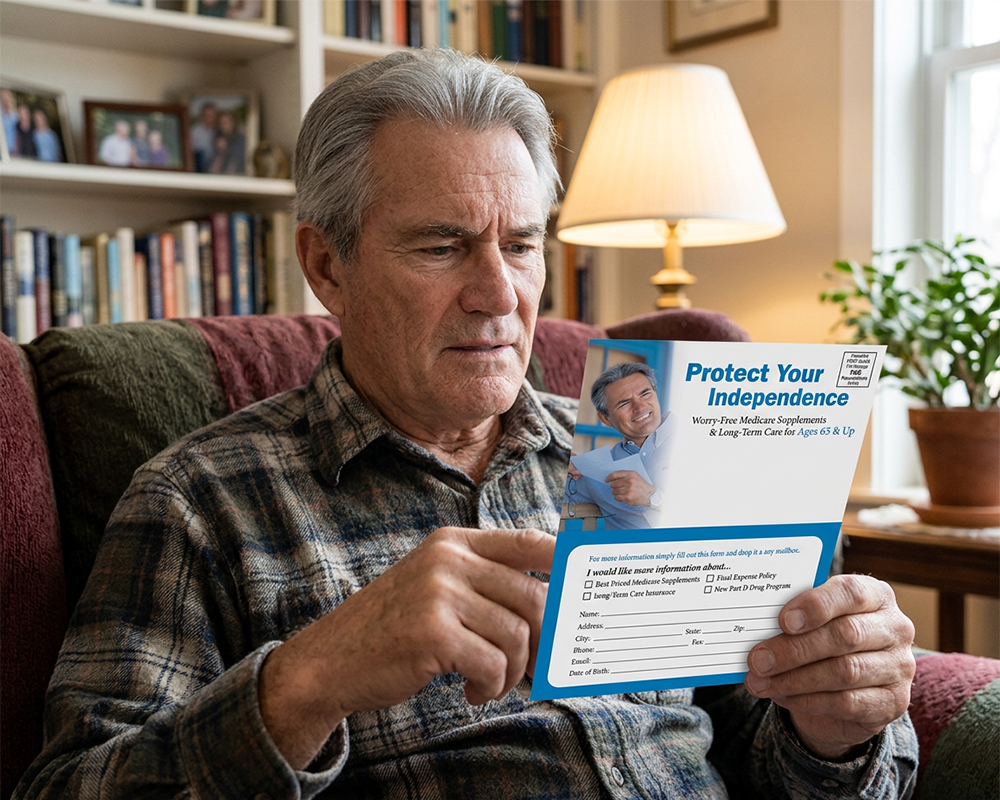 Man holding business reply card