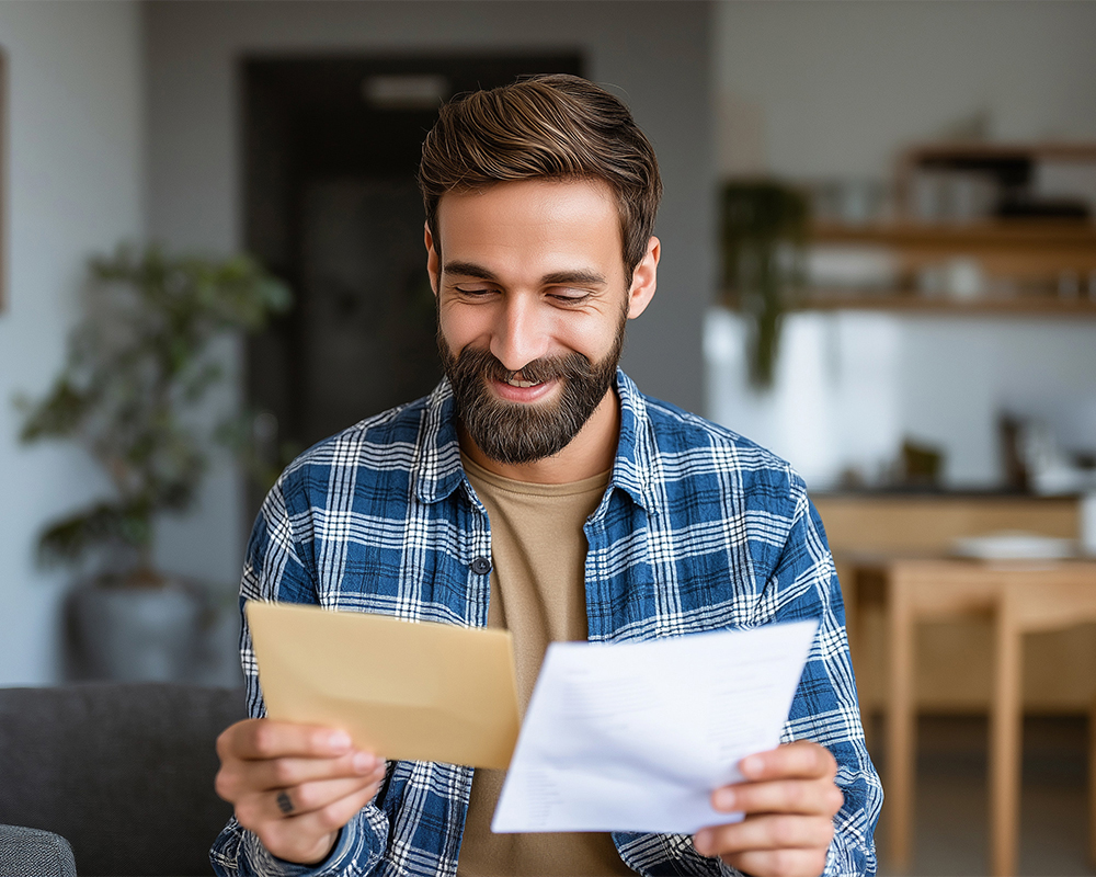 Potential donor happily viewing non-profit direct mail