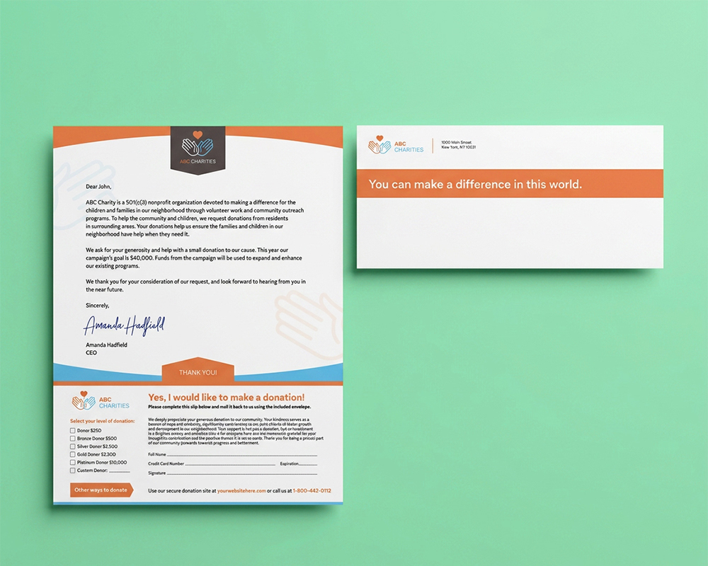 Nonprofit direct mail sample, folded and unfolded