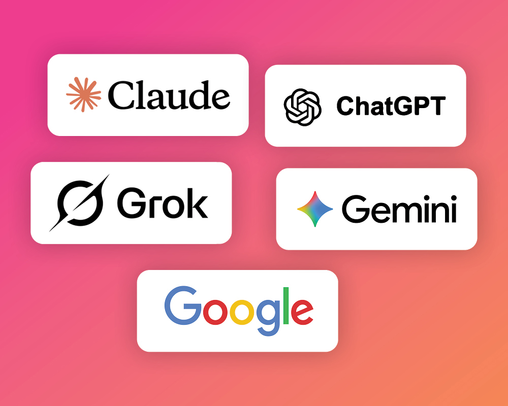 AI platforms including ChatGPT, Claude, Grok, Gemini, and Google