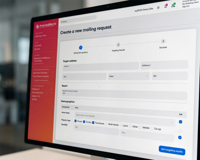 myPostcardMania portal on a monitor showing a new mailing request form with a target address field