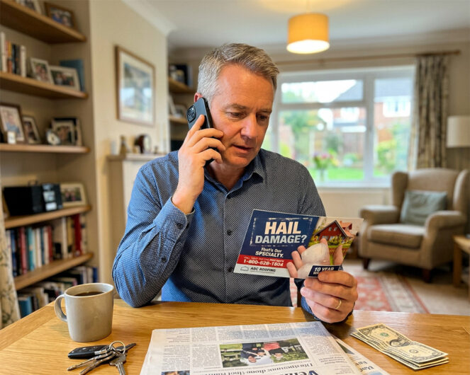 Homeowner on the phone holding a hail damage roofing postcard at his kitchen table